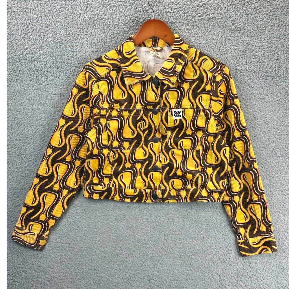 Lucy & Yak Cropped Corduroy Jacket Womens S Yellow Psychedelic Retro 70s Trucker